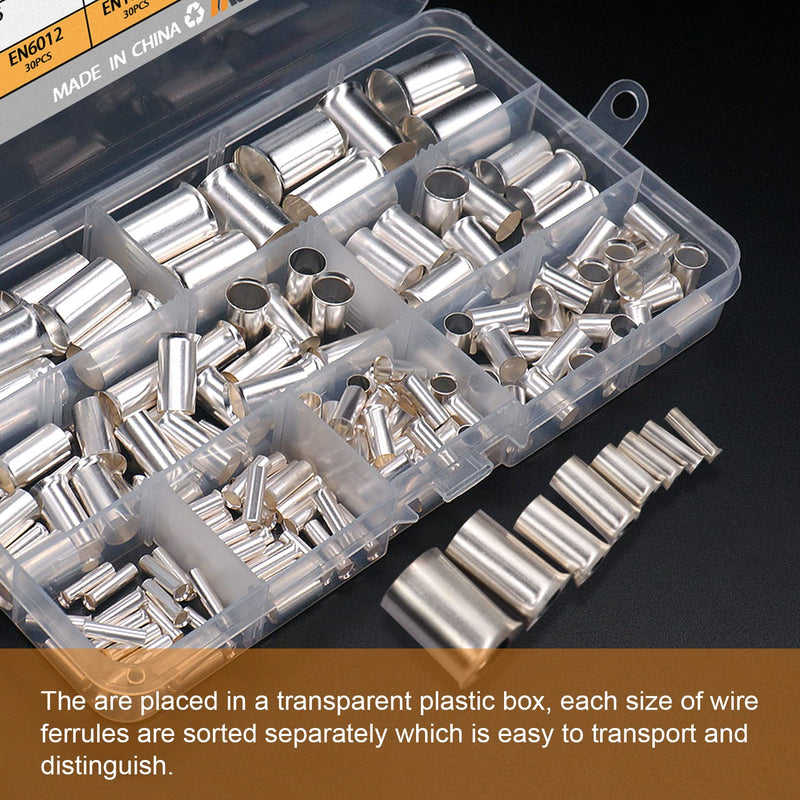 [Australia - AusPower] - 166 Pcs Wire Ferrules Kits Silver Plated Copper Crimp Terminal Connector 8 Sizes AWG (1/0 2/0 2 4 6 8 10 12) Sleeves Insulated Cord Pin End Terminal M-020 166PCS 