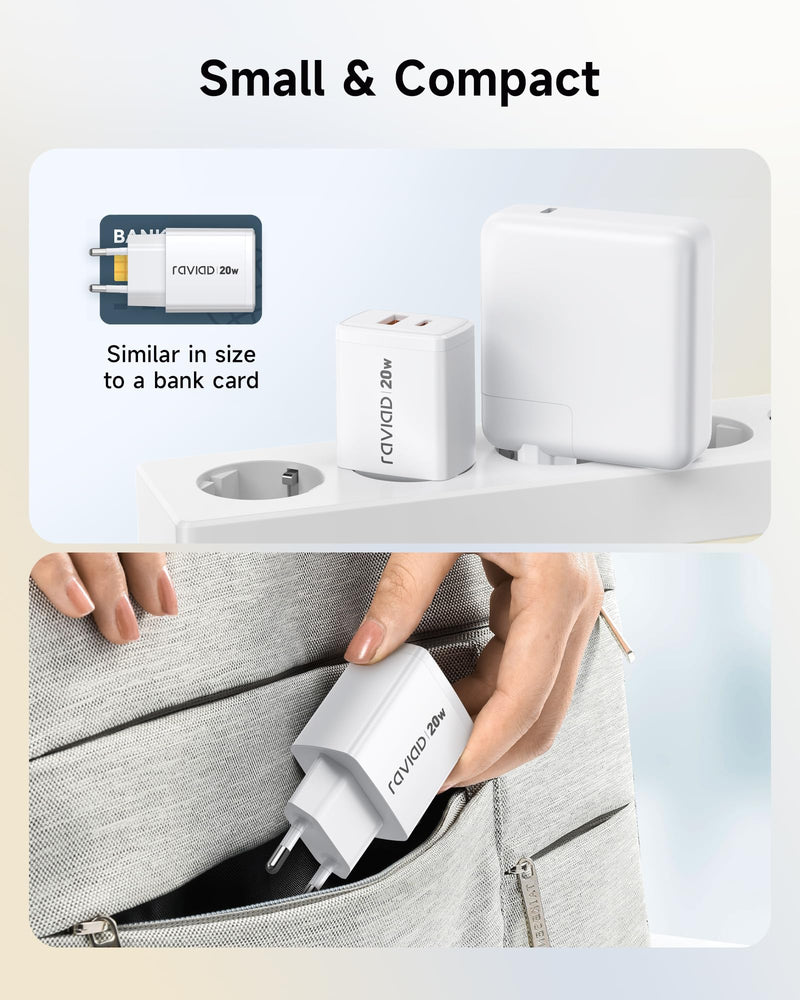 RAVIAD 20 W USB C Charger 2 Pack, 2 Port Fast Charger with 60 W Cable 2 m | Multiple Power Supply USB C+USB A with Fast Charging Cable USB C to USB C for iPhone 17 16 15 Pro Max, iPad Pro, Macbook 2 packs