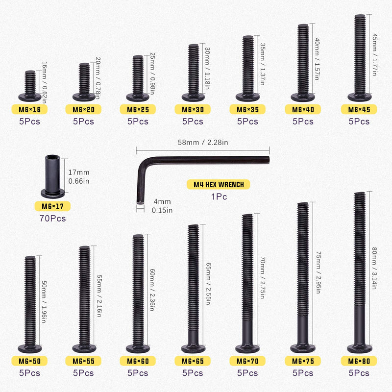 [Australia - AusPower] - Swpeet 263Pcs Inserts Bolt and Barrel Nuts Kit, Include 122 Carbon Steel Screw in Nut 141Pcs 14 Sizes Black Socket Cap Bolts 