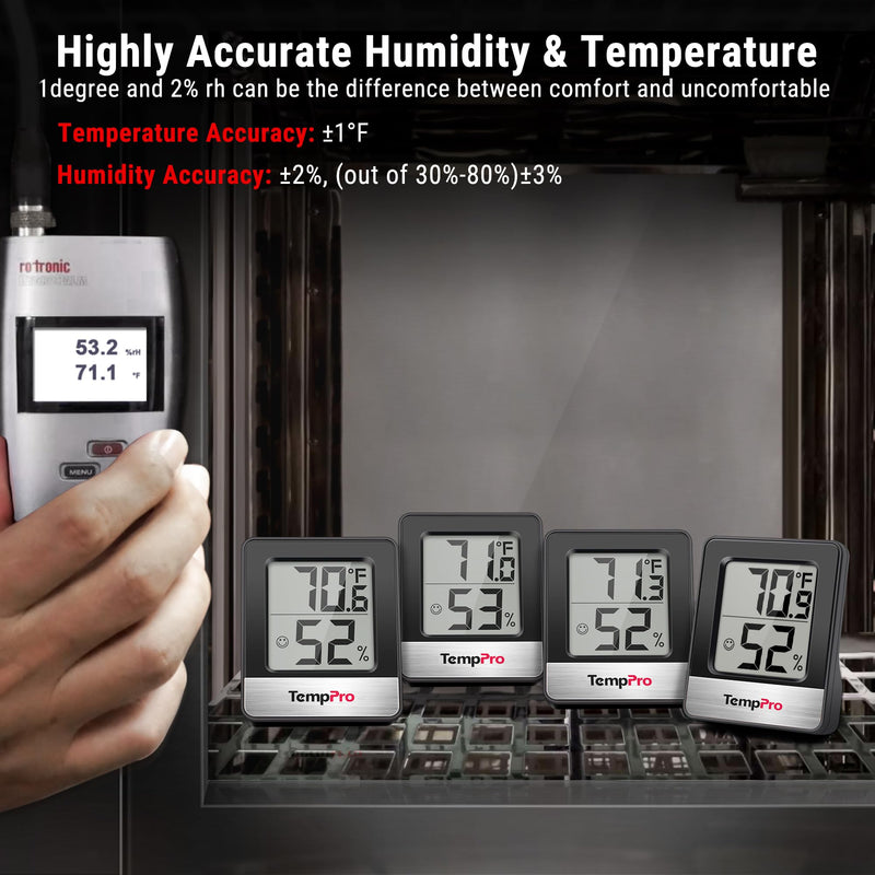 TempPro TP49 3 Pieces Digital Hygrometer Indoor Thermometer Humidity Meter Mini Hygrometer Thermometer with Temperature and Humidity Monitor Room, Black (Previously ThermoPro) Pitch Black