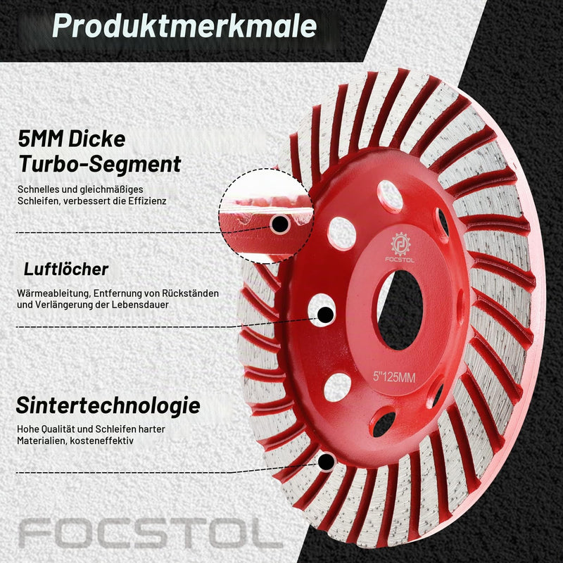 FOCSTOL Diamond Cup Wheel - 125 mm x 22.23 mm Turbo Series Grinding Wheel for Concrete Granite Marble Masonry Artificial Stone for Angle Grinder 125mm turbo