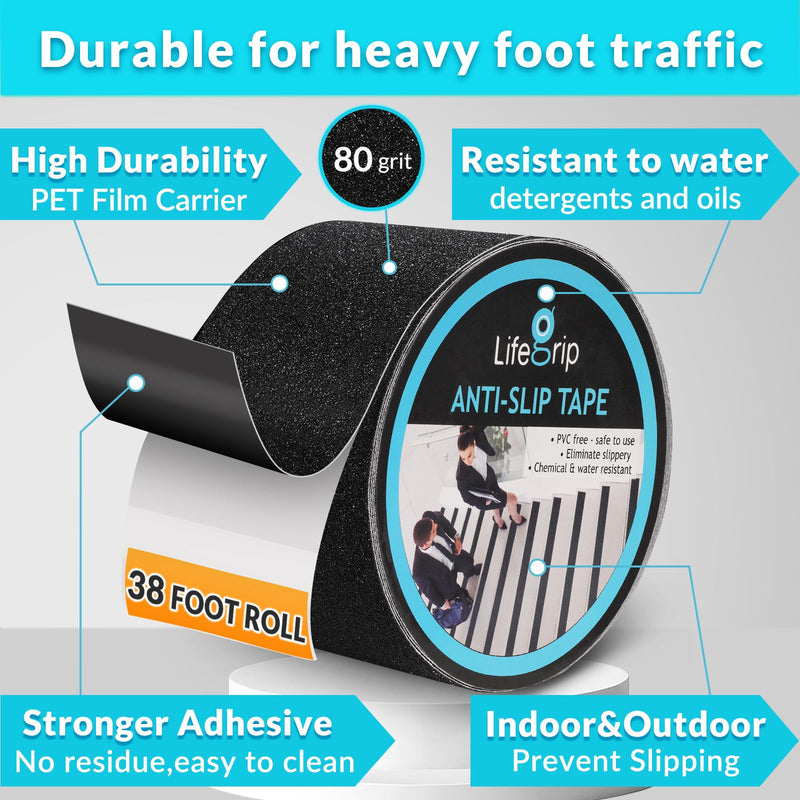 Lifegrip Anti Slip Traction Tape, 4 Inch x 38 Foot - Best Grip, Friction, Abrasive Adhesive for Stairs, Tread Step, Indoor, Outdoor (4" X 38') 4" X 38' Black