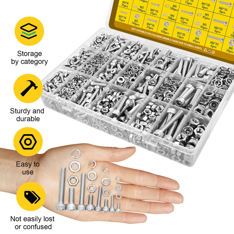 [Australia - AusPower] - 1220PCS M3 M4 M5 M6 Metric Hex Socket Head Screws Assortment Kit & 225PCS Metric M4 M5 M6 Machine Screws Assortment Kit Silver 