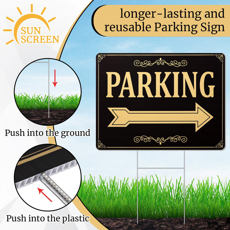 Menkxi 4 Pcs Parking Sign with Metal H Stake 12 x 16 Inch Double Sided Event Parking Sign Corrugated Plastic Waterproof Durable Guest Directional Arrow Signs for Outdoor Yard Wedding, Black and Gold