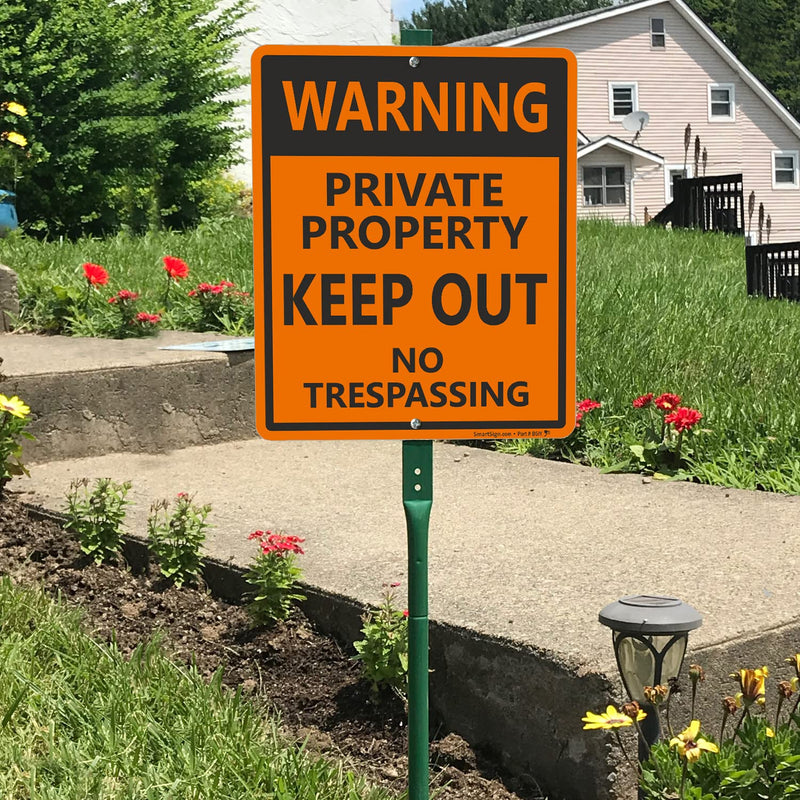 SmartSign 12 x 10 inch “Warning - Private Property, Keep Out, No Trespassing” LawnBoss Yard Sign with 3 foot Stake, 40 mil Laminated Rustproof Aluminum, Black and Orange, Set of 1