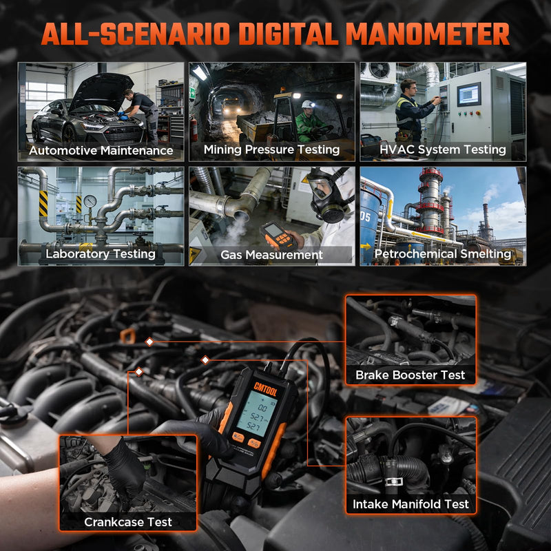 Manometer Gas Pressure Tester, Digital Manometer, -100-200Kpa, 6 Units Differential Pressure Gauge, Max/Min/Data Storage, 2-Port Tester for HVAC/Automotive Brake/Industrial/Lab Calibration (Mini) Mini