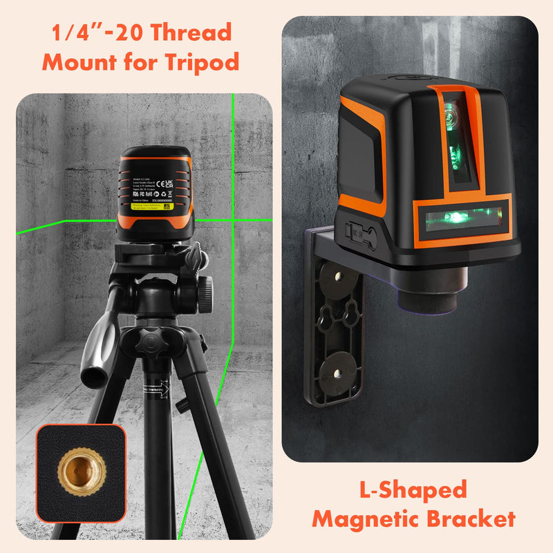 [Australia - AusPower] - Rechargeable Laser Level Self Leveling, High Accuracy Cross Line Laser Level Green 66ft Horizontal & Vertical Expanded Angle 150° Electronic Lazer Level for Tiling, C2-120G 