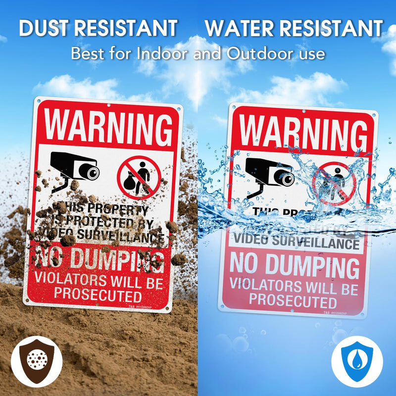 [Australia - AusPower] - T&R Large No Dumping Sign, Property Protected By Video Surveillance Sign, 14" x 10" Rust Free .040 Aluminum Reflective, Weather Resistant, Waterproof, Fade Resistant, 6 Pre-drilled Holes - 2 Pack 14" x 10" - 2 Pack 