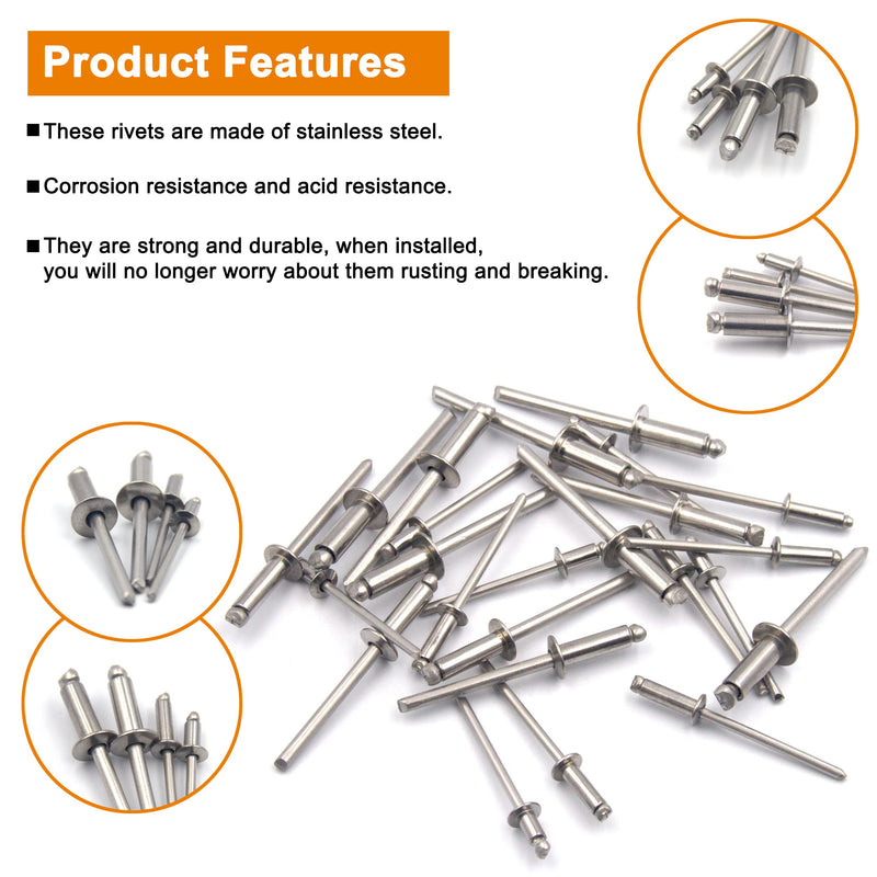 [Australia - AusPower] - ISPINNER 120pcs 304 Stainless Steel Blind Rivets, Pop Rivets Assortment Kit 