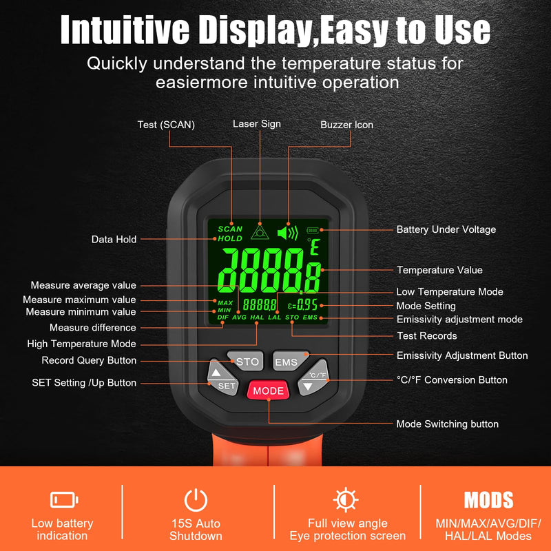 50:1-58°F ~3272°F FKM Infrared Thermometer High Temperature Gun,Non Contact Digital IR Temp Gun,High Precision Laser Thermometer Gun for Cooking,Kilns,Forges,Engine,HVAC,Industrial and Home Repair Orange