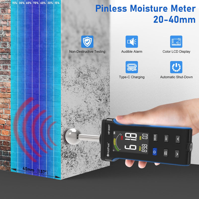 [Australia - AusPower] - HOLDPEAK Pinless Wood Moisture Meter, Non-Destructive Moisture Meter for Wood, Concrete, Floors, Walls, Measuring Depth 20-40mm Digital Moisture Meter with Masonry-Spherical Sensor, Large LCD Display 