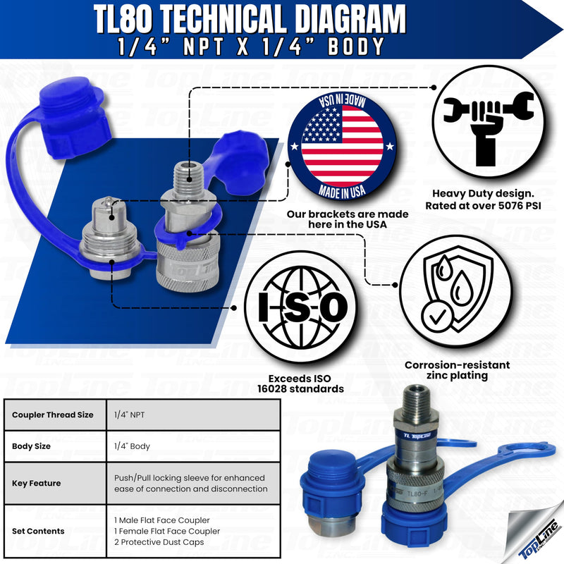 [Australia - AusPower] - 1/4" Body Hydraulic Quick Connect Coupler Set | 1/4" NPT Thread | 10,000 PSI High Pressure | Heavy-Duty Industrial | Dust Caps Included | Compatible with C-604 Style Fittings | Model TL80 