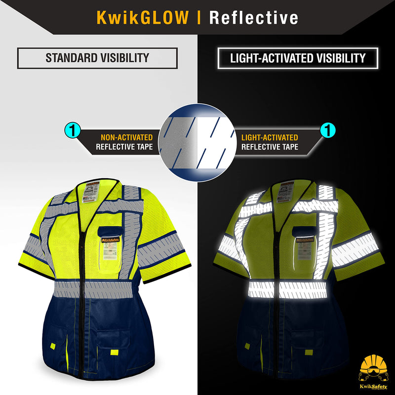 KwikSafety - Charlotte, NC - SHERIFF Class 3 Safety Vest for Women [REFLECTIVE FISHBONE TAPE] ANSI Tested OSHA Compliant Hi Vis PPE Work Gear/Blue Small