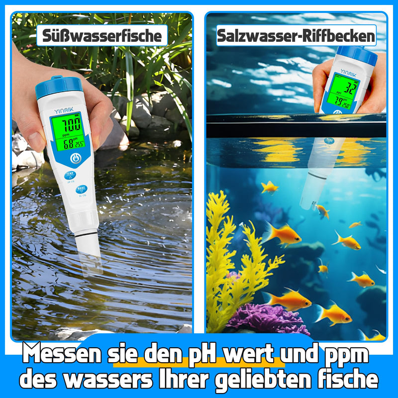 YINMIK pH Meter Water, Pool pH Salt Meter with pH Calibration Solution | pH PPM Simultaneous Display for Drinking Water, Digital pH EC Meter for Hydroponics, TDS Conductivity Tester for Koi Ponds blue pH meter
