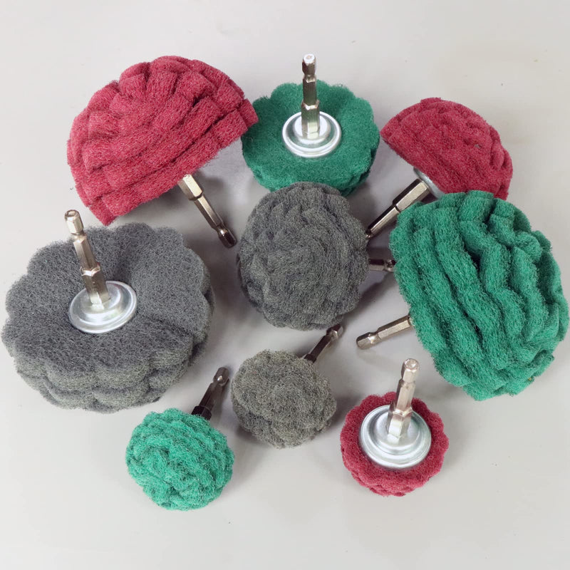 [Australia - AusPower] - 9PCS Scouring Pads Abrasive Buffing Polishing Wheel Drill Attachment Set, Non Woven Wheel Polishing Kit for Drill,Power Scrubber Drill Polishing Kit?Green red Gray) 1/4 Shank 