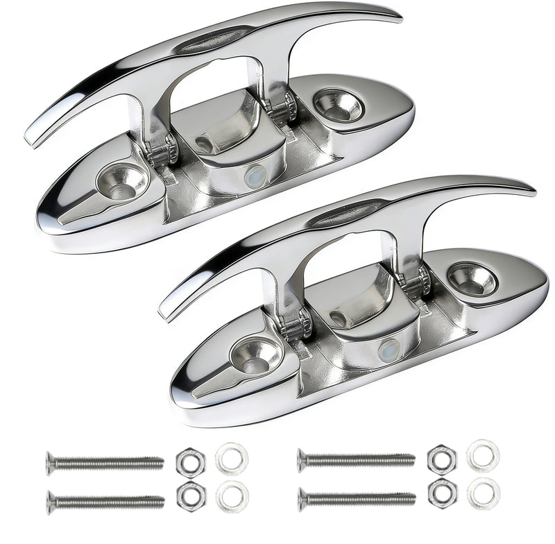 MX Boat Folding Cleat,Flip Up Marine Stainless Steel 4-1/2" Black Dock Fold Cleats W/Fasteners and Back Plates Silver,2pcs