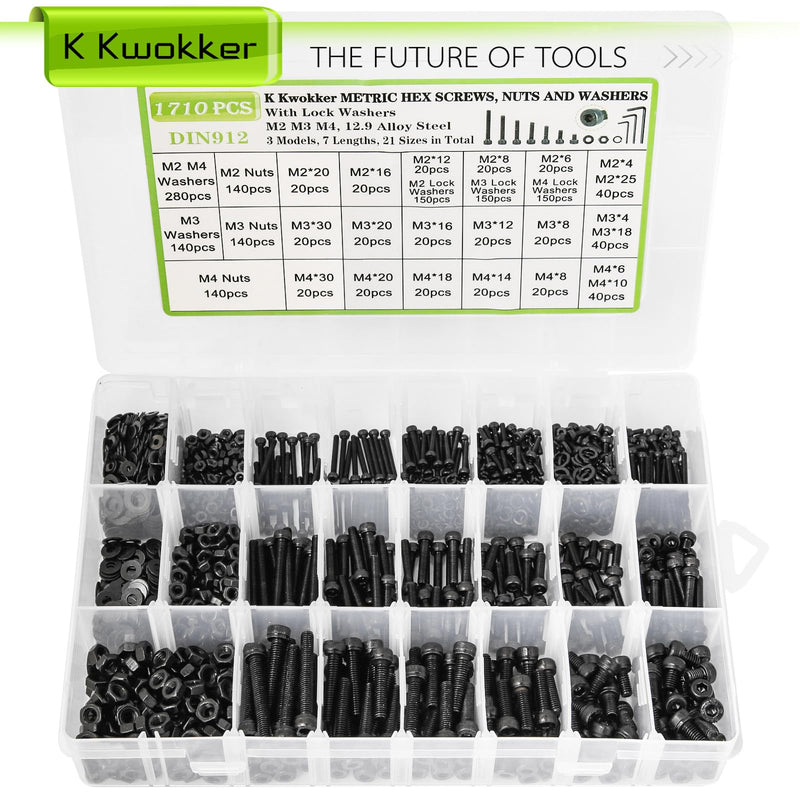 Hex Socket Metric Bolt Assortment, 1713Pcs M2 M3 M4 | 21 Sizes 4mm–30mm Length; 12.9 Alloy Steel, Zinc Plated; Includes Screws, Nuts & Washers and Hex Bits for Machinery Repair A. M2 M3 M4