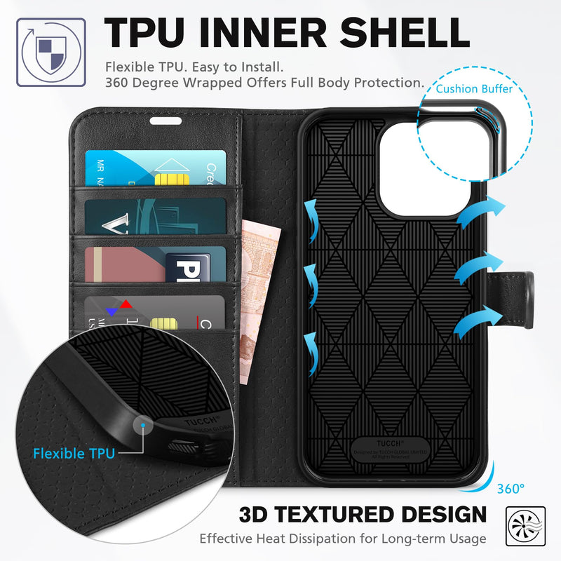 [Australia - AusPower] - TUCCH Case Wallet for iPhone 15 Pro Max, RFID Blocking 4 Card Holder Kickstand Shockproof TPU Inner Case, PU Leather Magnetic Flip Folio Cover, Black 
