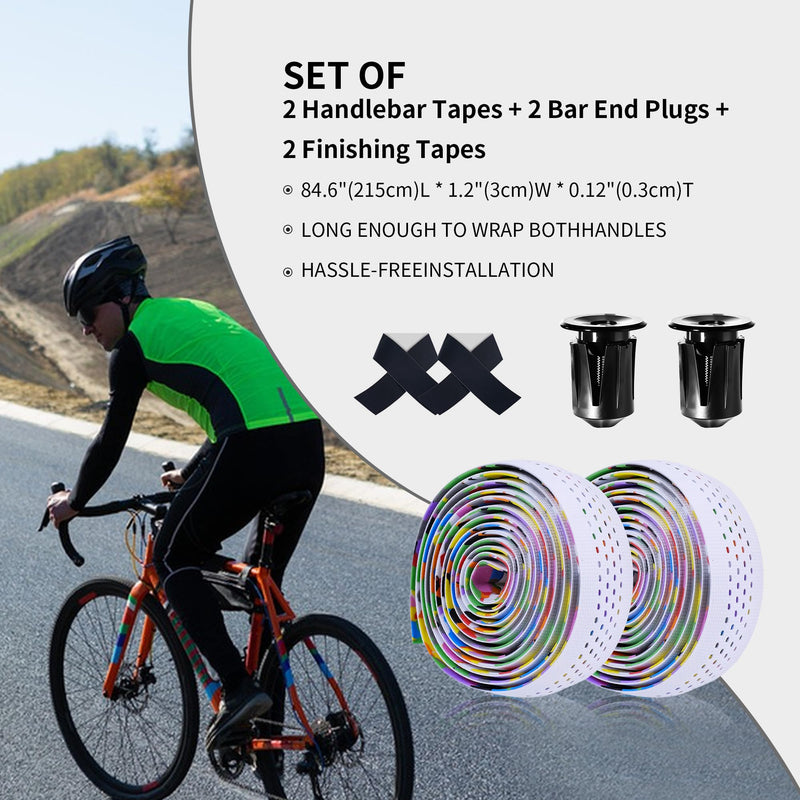 Road Bike Handlebar Tape, Silicone Surface Non-Slip Bicycle Bar Tape, Shock Absorbing Drop Bar Wrap, White Confetti Stitch Pattern, 2 Rolls White Rainbow Set of 2
