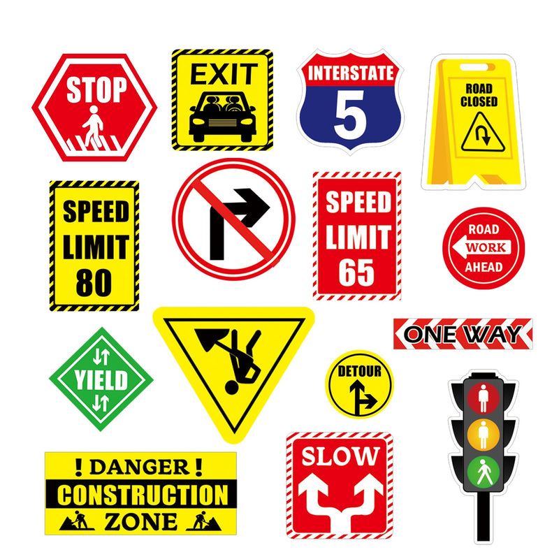 18 Pack Road Signs Wall Decal Traffic Street Sign Sticker - Stop Street Transportation Construction Car Wall Decals Road Sign Stickers for Back to School Decor Kid Bedroom Classroom Bulletin Board