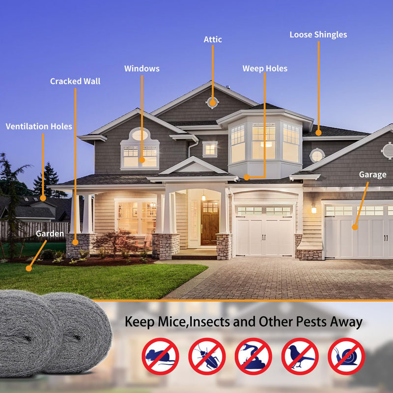 [Australia - AusPower] - Steel Wool for Mice Control - 2 Pack of 3"×10Ft Steel Wool, Gap Filter for House & Garage - Keep Mice Away from Holes?Siding?Pipeline?Vents in Garden, House, 7.04oz (2, 100g) 