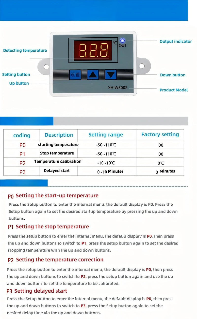 [Australia - AusPower] - 2Pcs 12V Thermostat Switch Controller XH-W3002 DC 12V 120W Temperature Control -50℃ to 110℃ with Waterproof Probe 