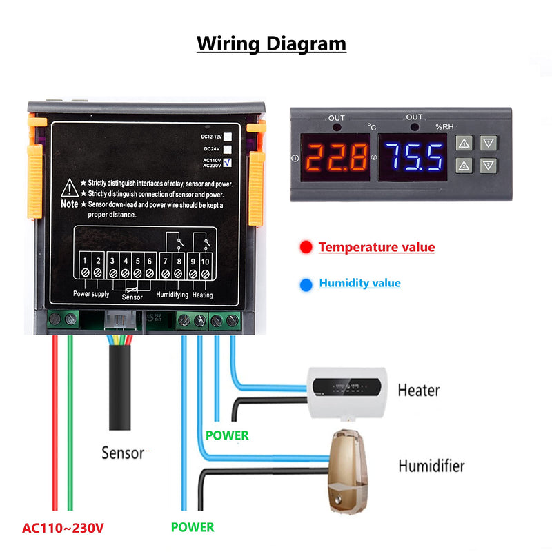 [Australia - AusPower] - VIGELA STC-3028 AC110~230V All-Purpose Temperature and Humidity Controller with Dual Displays and Dual Relay Outputs(Shipping with 2 Sensors) 