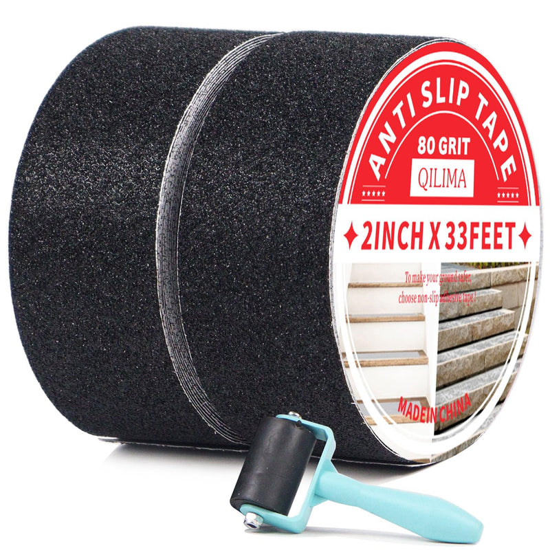 QILIMA Anti Slip Tape, Grip Tape for Stairs, Stair Grips Non Slip for Skateboards, Outdoor Adhesive Stair Grip Tape for Step Treads,Waterproof Black Grip Tape, 2inx33ft,2 Pack