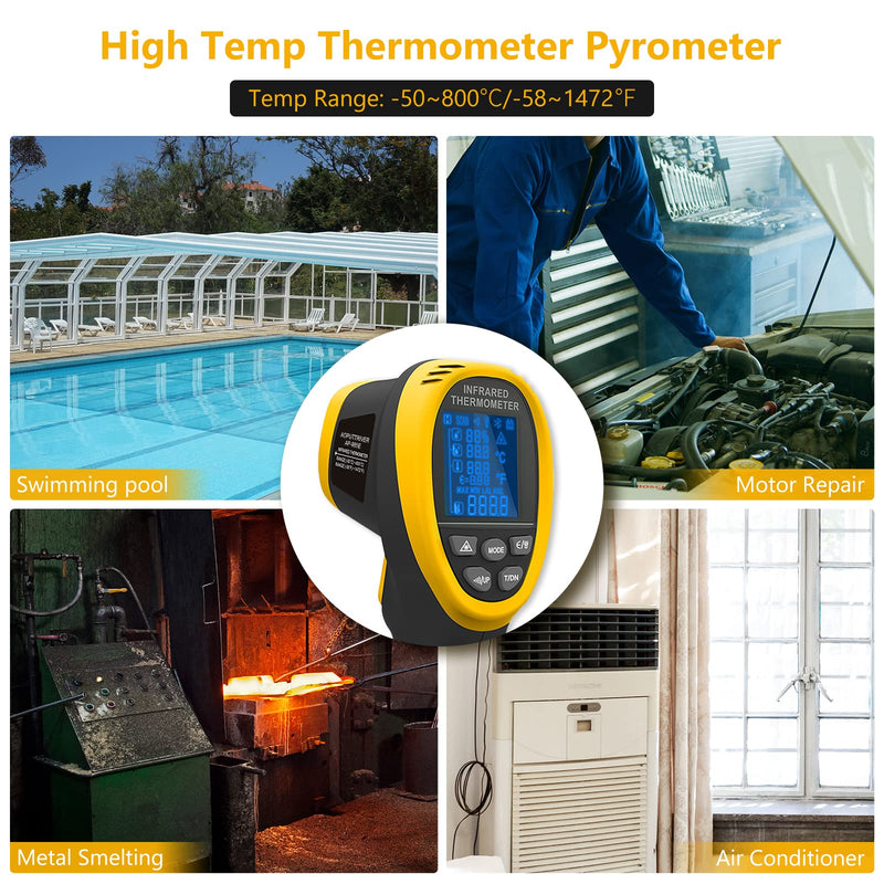 [Australia - AusPower] - Pyrometer, Industrial Laser Thermometer Gun-58℉~1472℉ High Temp Infrared Thermometer, Non-Contact Thermometer w/Humidity, Ambient Temperature & Dew Point, Temp Alarm【NOT for Human】 985E 