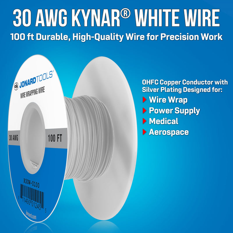 Jonard Tools R30W-0100 White Insulated Kynar Copper Wire Roll, 30 AWG, 100 ft Length