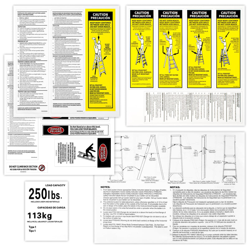 4 Pack 250 LB Step Ladder Safety Label Kit Replacement for Werner Type 1 250 Load Capacity Step Ladders, Fiberglass Stepladders Safety Stickers