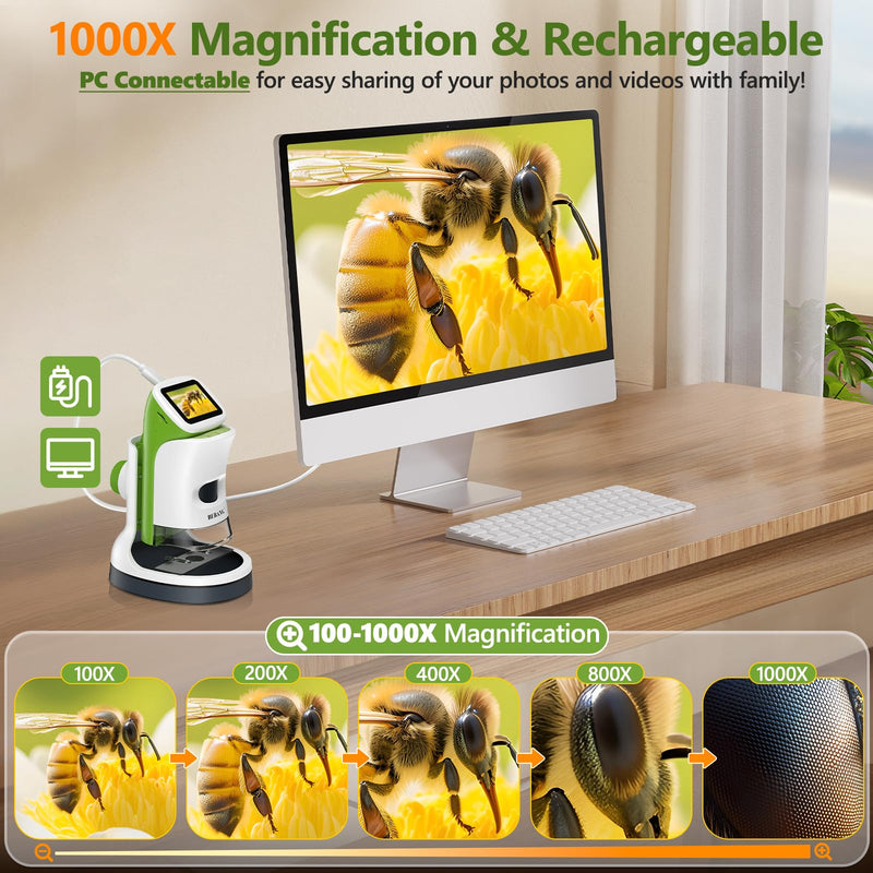 Kids Handheld Digital Microscope with Screen: STEM Science Kit Gift Toys | for Boys Girls Ages 4-12, Detachable Stand, 1000X Magnification, 4K Display, 32GB SD Card Included for Photos and Videos