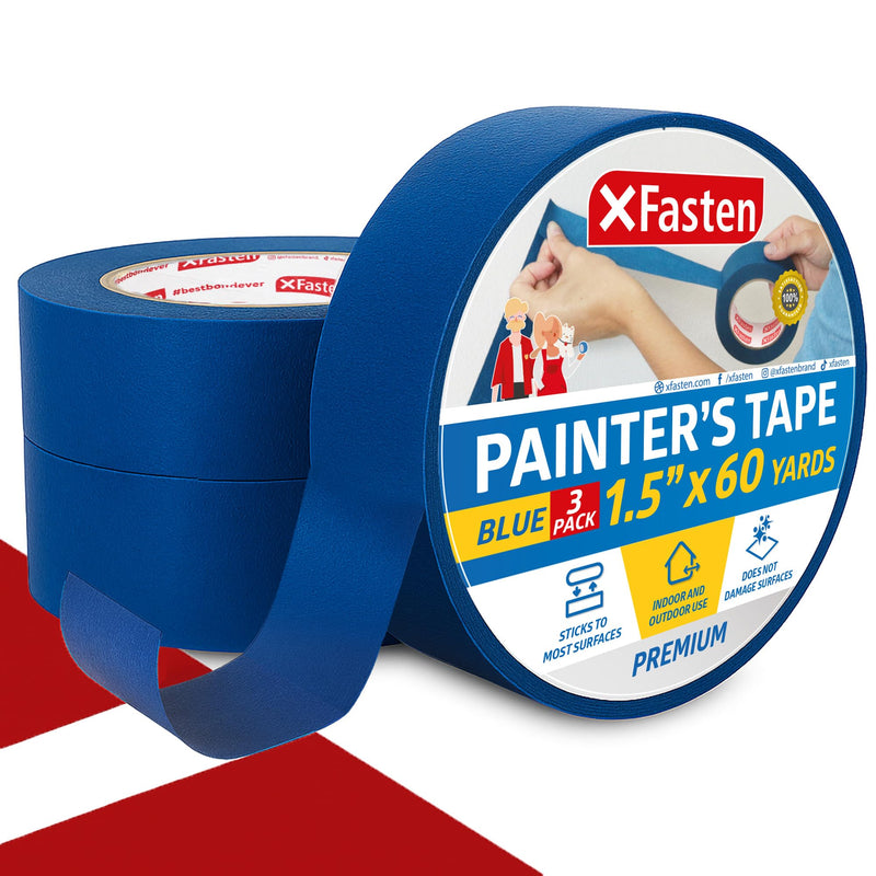 XFasten Professional Blue Painters Tape, Sharp Edge Line Technology, 1.5 Inches x 60Yards (3-Pack) - Produces Sharp Lines and Residue-Free Artisan Grade Clean Release Wall Trim Tape 1.5 Inches x 60 Yards (3-Pack)
