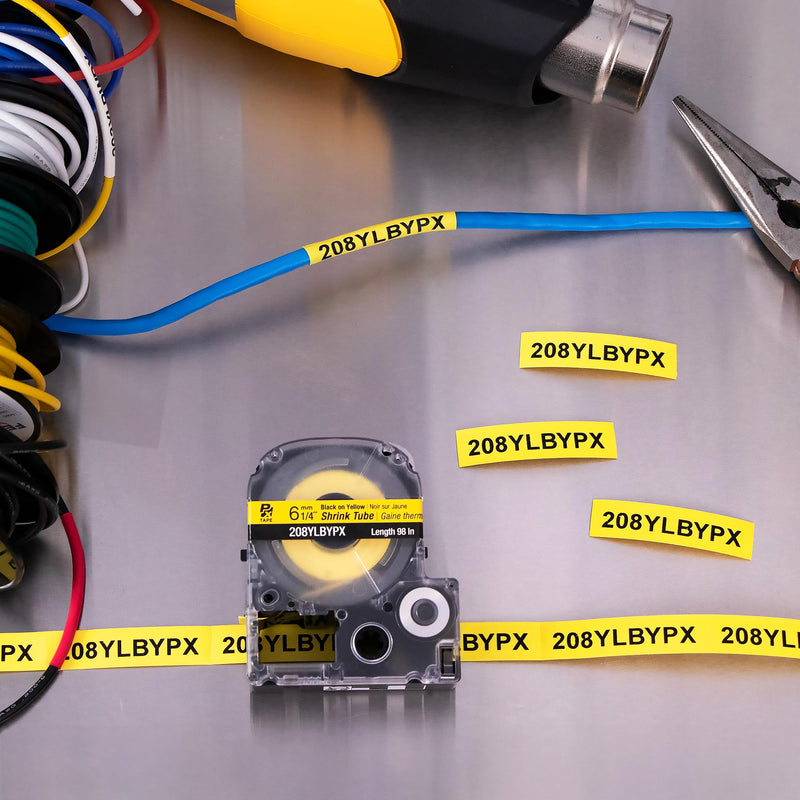 Epson LABELWORKS 208YLBYPX Genuine Tape Cartridge - Black on Yellow Shrink Tube Industrial Label Maker Tape - AWG 6-18, 1/4" (6MM) Wide, 8 ft (98") 8MM(6-18AWG)