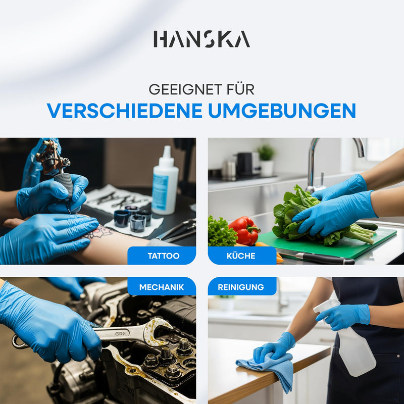 HANSKA Disposable Nitrile Gloves, Blue, Powder-Free, Insert and Bet, Ambidextrous, Non-Sterile, Rubber Base, Suitable for Medical, Food Handling (100, L) 100 cm
