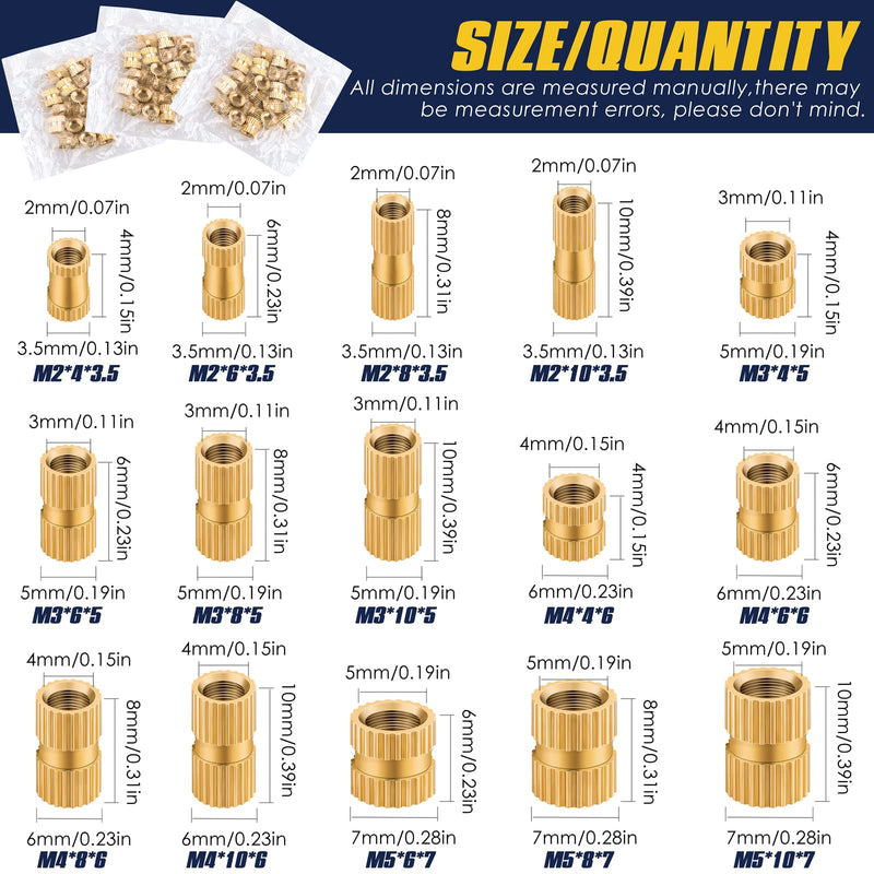 [Australia - AusPower] - 500Pcs Threaded Inserts Kit M2 M3 M4 M5 - Female Thread Heat Set Insert, Brass Knurled Thread Insert Nuts for Plastic Injection Molding(Metric) 