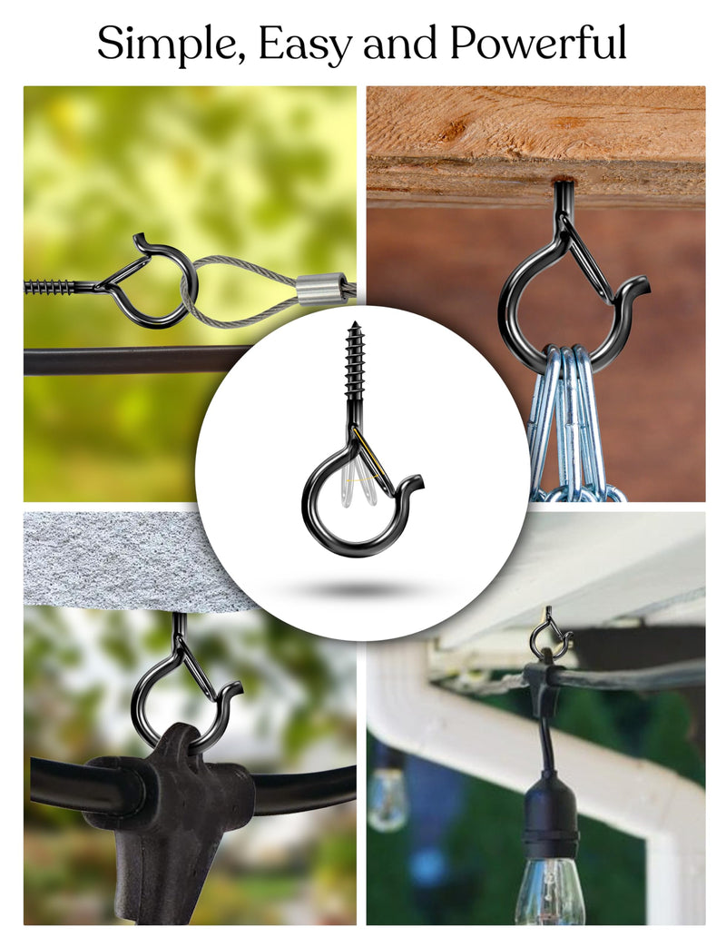 [Australia - AusPower] - Brightech String Light Screw Hooks - Ceiling Hooks for Hanging Solar, Plug-in Lights, Outdoor String Lights - Q Hooks with Safety Buckle Design for Porch, Patio - 15 Pack, Black 15 Pcs 