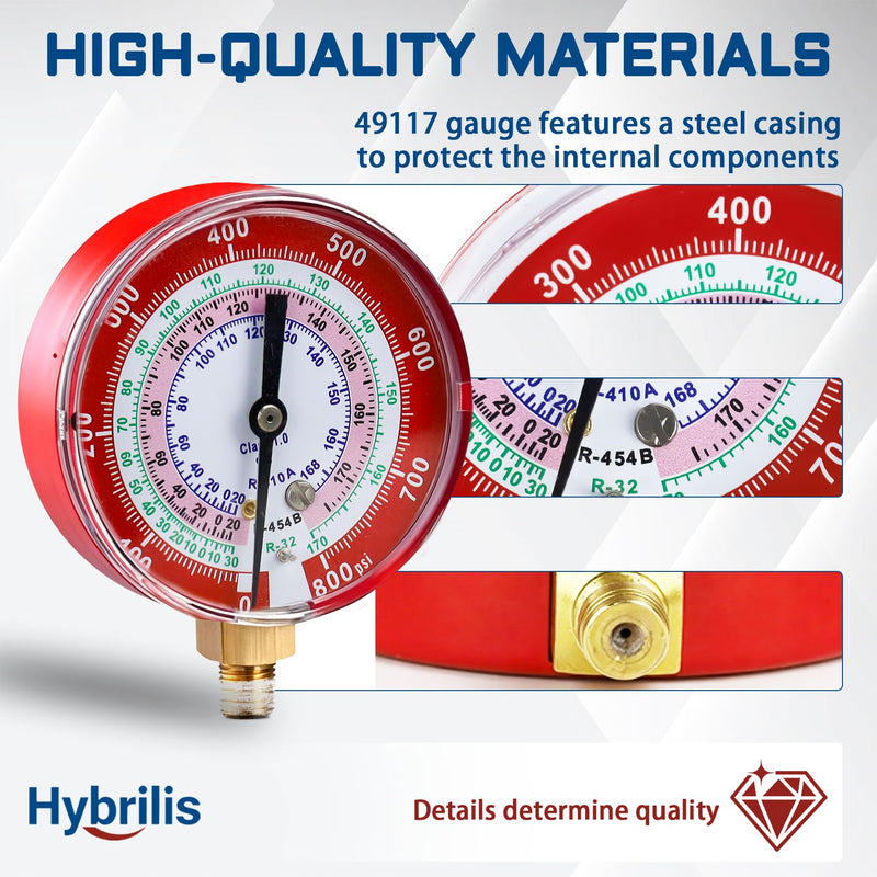 Upgrade 49117 A2L Manifold Gauge - Red, 3-1/8" (80 mm) Gauges, Compatible with R32, R454B, R410A Professional HVAC/R Tool, Working Pressure 0-800 PSI, Npt Thread, Color-Coded Scales