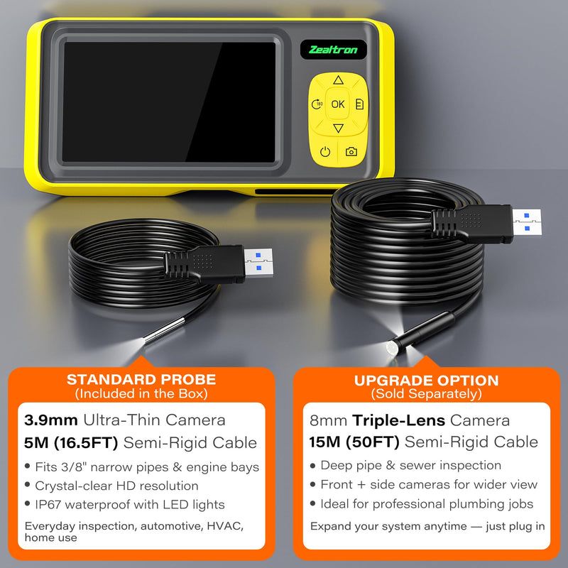 Endoscope with Light, 3.9mm Ultra-Thin Probe, 4.3" IPS Screen 1080P HD IP67 Waterproof Borescope Inspection Camera, USB Interchangeable 16.5ft Semi-Rigid Cable, 3.3ft Drain Clog Remover Included Yellow