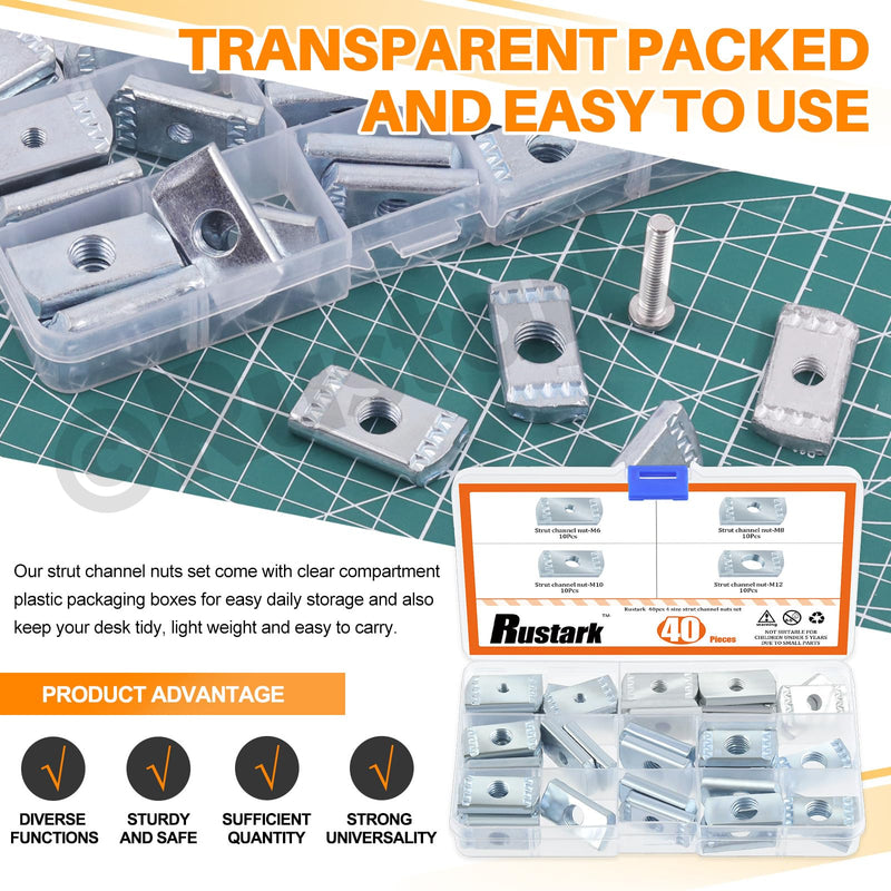 [Australia - AusPower] - 40Pcs M6 M8 M10 M12 Strut Channel Nut Assortment Kit, Metric Thickened Zinc Plated Strut Nuts No Spring Channel Nuts Without Spring for Strut Channels Metric Kit, 4 Sizes 