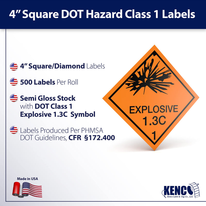 D.O.T. Labels - Hazard Class 1 DOT Explosives 1.4C Hazmat Labels 4" X 4" Square Sticklers - 500 Adhesive Labels Per Roll, Made in the USA by Kenco (1 Pack) 1 PACK
