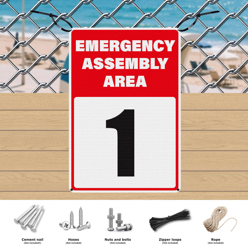 2 Pack Emergency Assembly Area 1 Sign 18 × 12 Inches Aluminum Reflective Safety Signage with Pre-Drilled Holes for Business Construction Site Warehouse