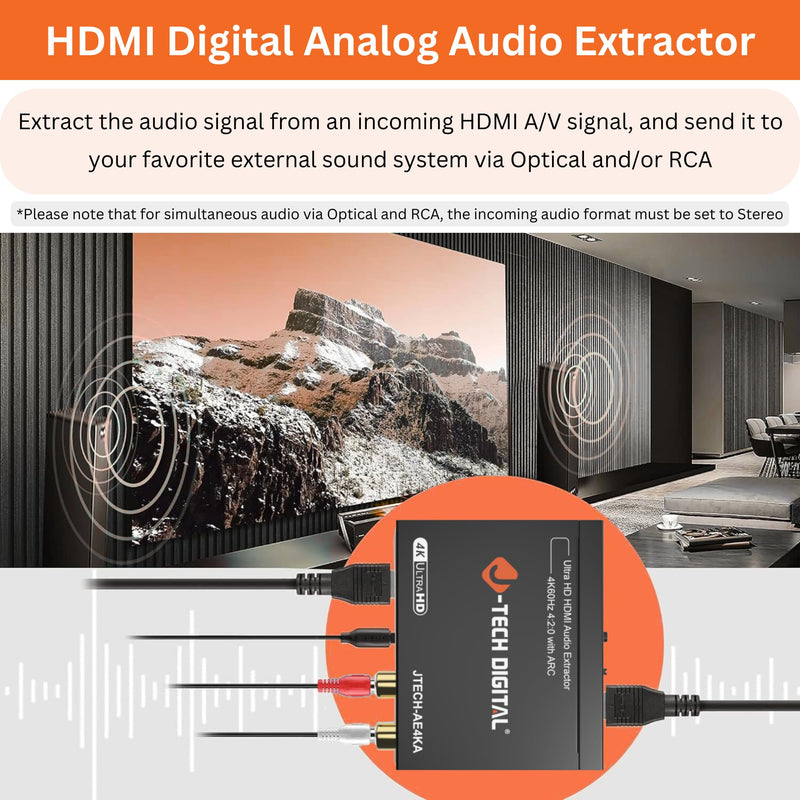 [Australia - AusPower] - J-Tech Digital 4K@60Hz HDMI Audio Extractor with ARC, HDMI to RCA & Optical Converter, Dolby Digital/DTS Stereo Support for TV, Gaming Consoles, Blu-ray, Laptop [JTECH-AE4KA] 