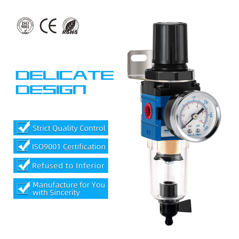 [Australia - AusPower] - NANPU 1/4" NPT Compressed Air Filter Regulator Combo Piggyback, 5 Micron Brass Element, Poly Bowl, Manual Drain, Metal Bracket, 0-150 psi Gauge - AW2000-02M 