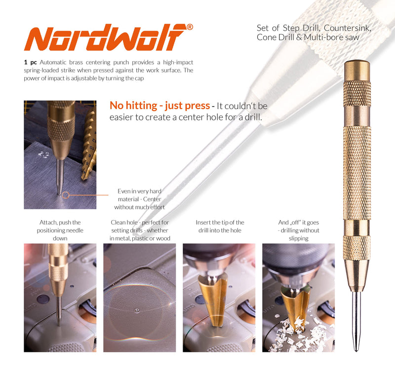 NordWolf 12-Piece HSS Titanium Metric Step, Countersink, Cone Drills with 1/4" Hex Shank, Multi Drill Saw & Automatic Center Punch Set in Storage Case 12 pcs