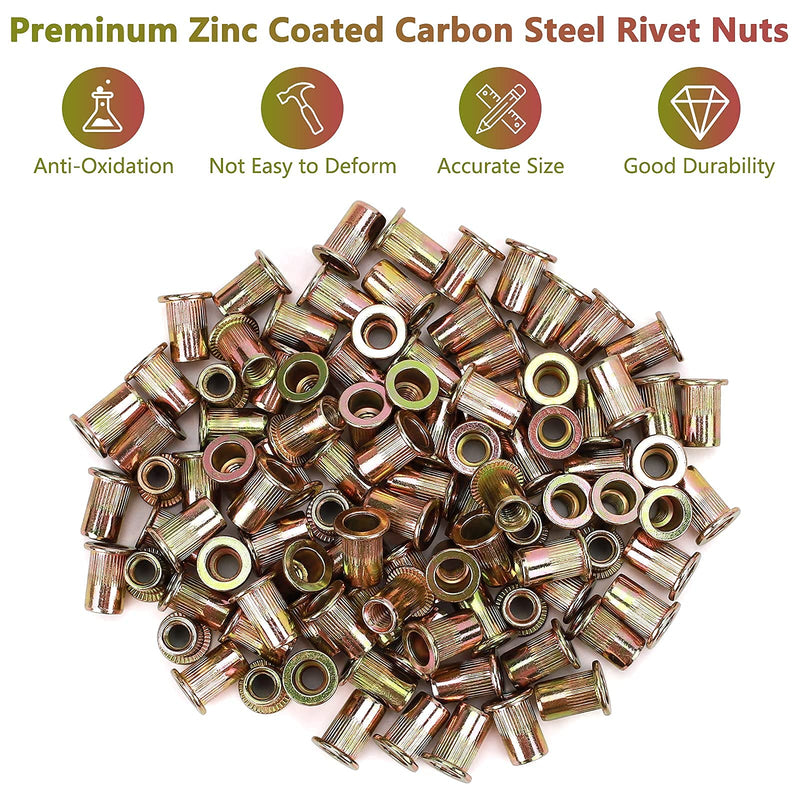 [Australia - AusPower] - 100pcs M6 Rivet Nuts, M6 Flat Head Rivnut Threaded Insert Nuts with Knurled Body, Metric Zinc Plated Carbon Steel Insert Nutsert for Automotive, Furniture, Decoration Brand: PRECIHW 