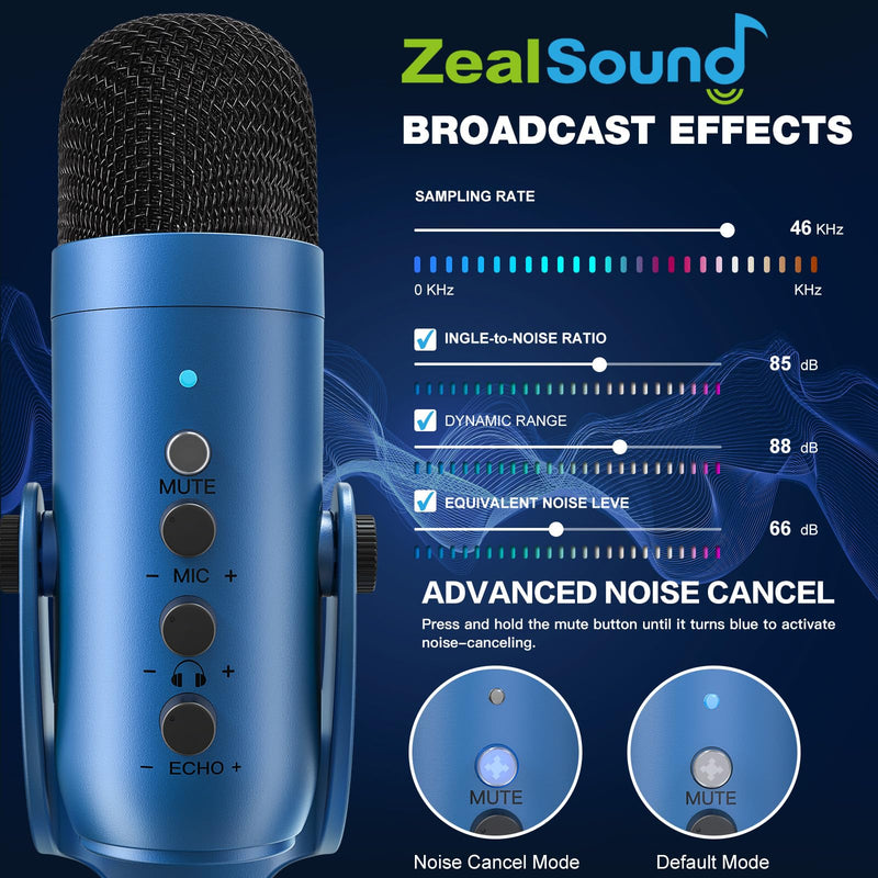 [Australia - AusPower] - ZealSound USB Microphone,Condenser Gaming Mic for Phone/Laptop/PC/PS4/5/Computer,Microphone with Gain Knob,LED Mute,Monitor Volume Adjustment,Stand Base for Streaming, Podcast, Studio Recording (Blue) Blue 