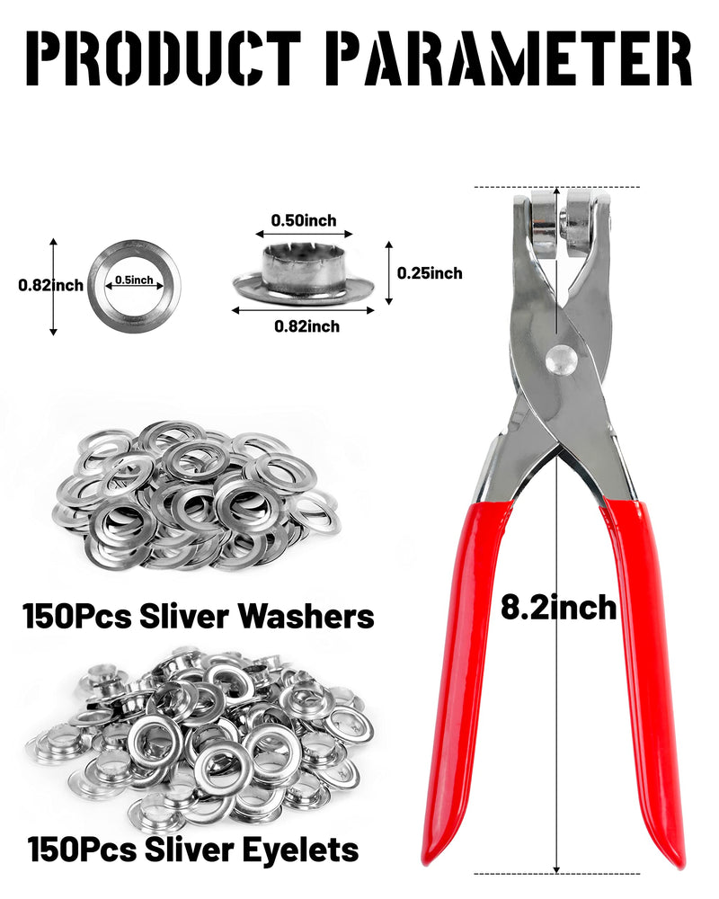 [Australia - AusPower] - 150Pcs 1/2 Inch Grommet Tool Kit, Leather Hole Punch Pliers, Grommets Kit with 150 Metal Eyelets in Silver for Leather, Shoes, Fabric, Belts 