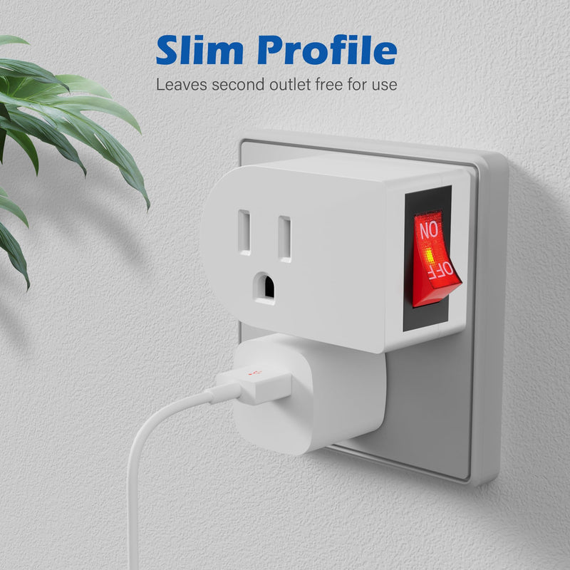 HiFind Grounded Outlet Extender with ON/Off Switch (10 Pack), 3 Prong Single Port Power Adapter, Energy & Space Saving Wall Tap Plug with Red Indicator for Light & Small Appliance, ETL, White 10 Pack