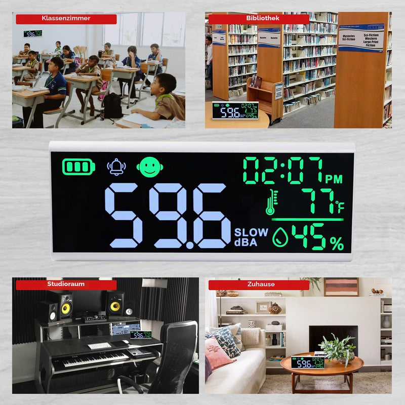 Decibel Meter 13 Inch Wall and Table Sound Level Meter Large LED Device for Displaying Decibels, Time, Temperature and Humidity with Buzzer & Symbol Alarm for Classroom and Studio